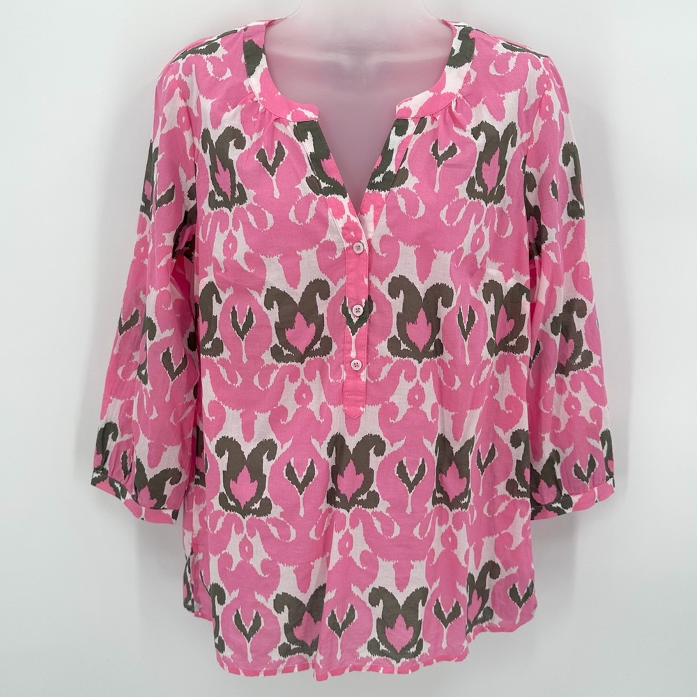 Talbots Top Women’s S Pink Ikat Print Popover Beach Vacation Coastal 3/4 Slv NWD